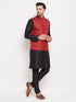 Vastramay Men's Maroon Matka Silk Nehru Jacket With Black Silk Blend Kurta and Pant style Pyjama Set